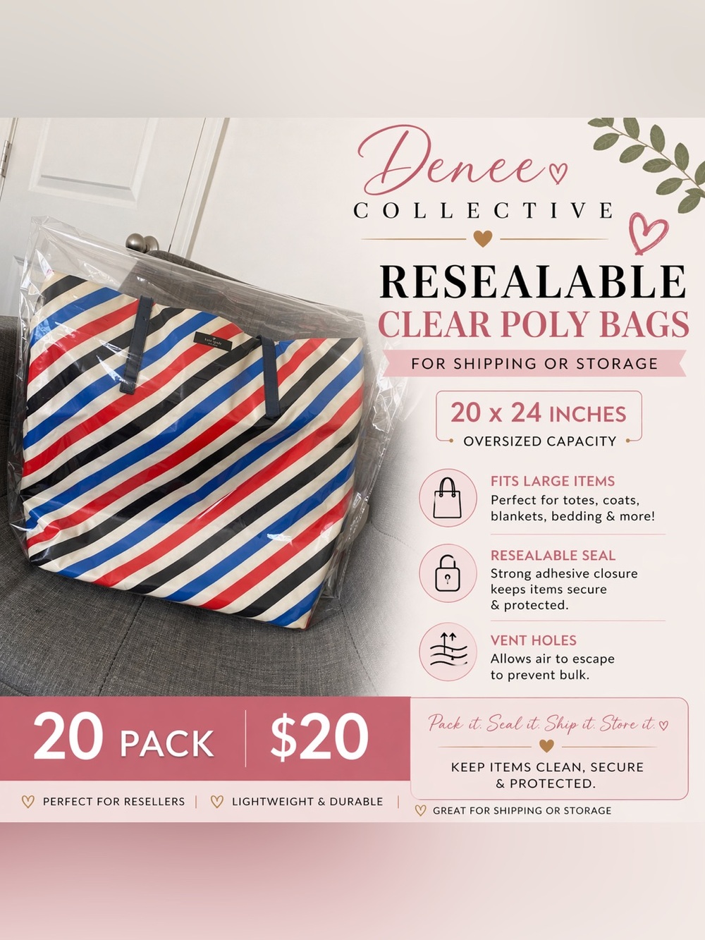 Extra Large Oversized 20 x 24 Clear Self Seal 20 Pack Poly Bags